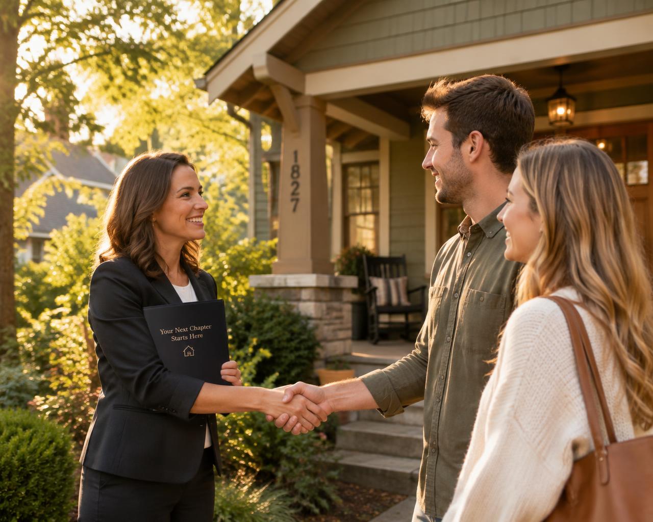 Real estate agent greeting clients at a home